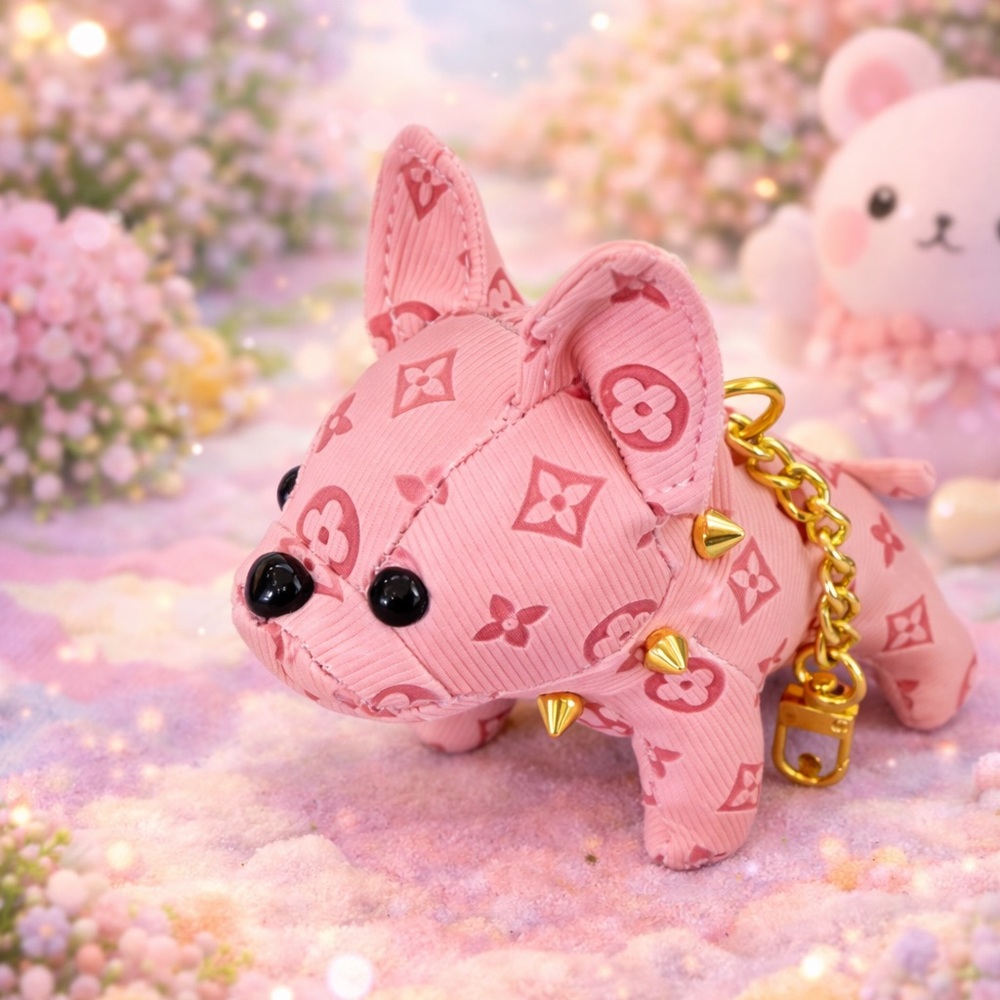 BUY NOW SALE 🔥 Plush Frenchie Bulldog Keychain w/ Gold Spiked Collar and Chain - Picture 10 of 16